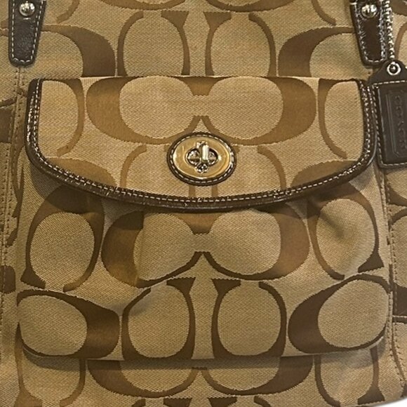 Coach Khaki Brown Signature Turnlock Pocket Bag F14659 Authentic Large Tote - Picture 3 of 9